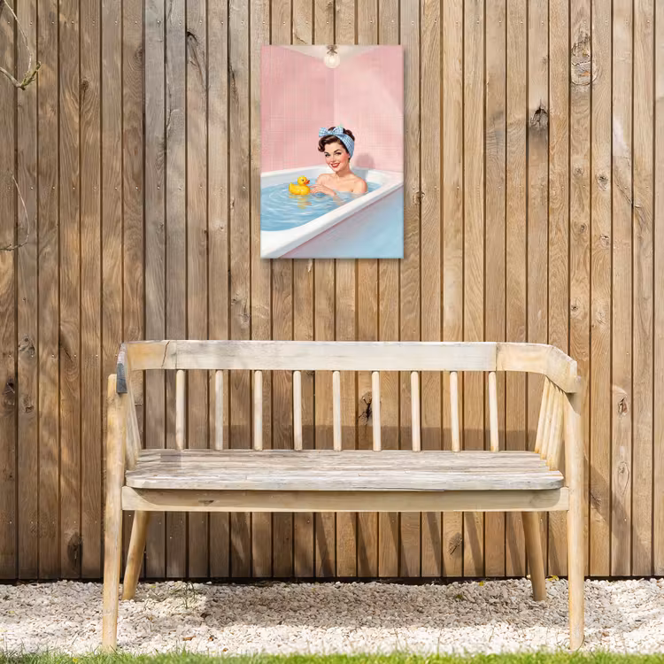 Badkamer - Eend - Blauw Tuinposter op houten frame 2 cm dik klein -sfeer4