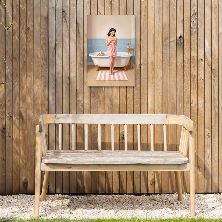 Badkamer - Vrouw - Roze Tuinposter op houten frame 2 cm dik klein -sfeer4