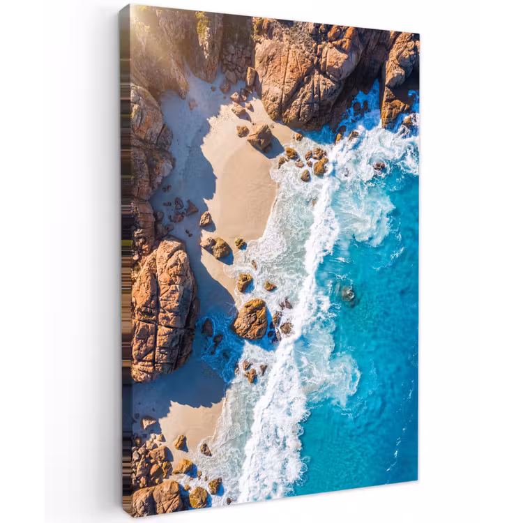 Strand - Zee - Rotsen - Natuur - Blauw Tuinposter op houten frame 2 cm dik klein -3d