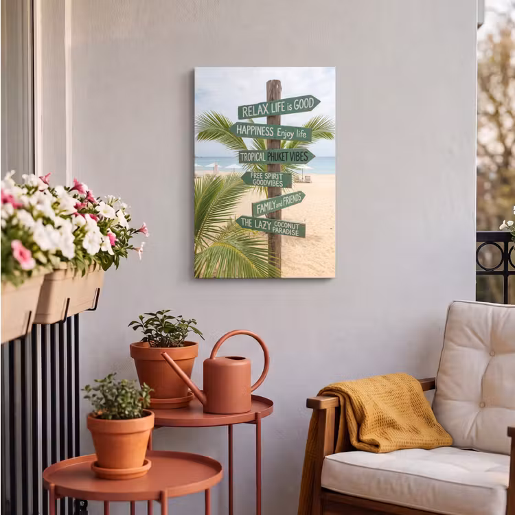 Strand - Wegwijzer - Palmen - Tropisch - Groen Tuinposter op houten frame 2 cm dik klein -sfeer1