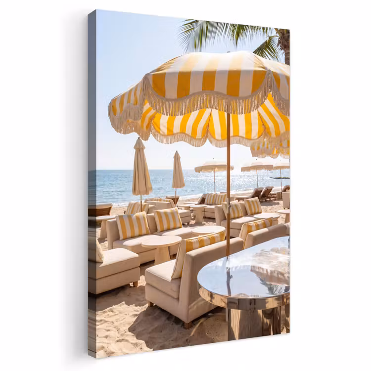 Strand - Ligbedden - Vakantie - Modern - Geel Tuinposter op houten frame 2 cm dik klein -3d
