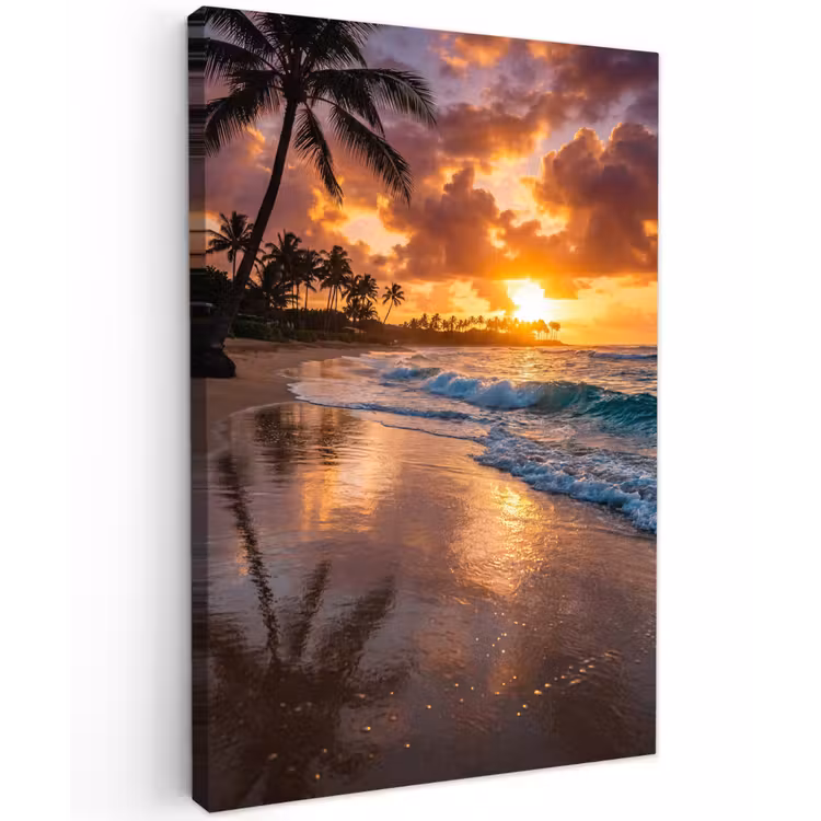 Strand - Zonsopgang - Tropisch - Natuur - Oranje Tuinposter op houten frame 2 cm dik klein -3d