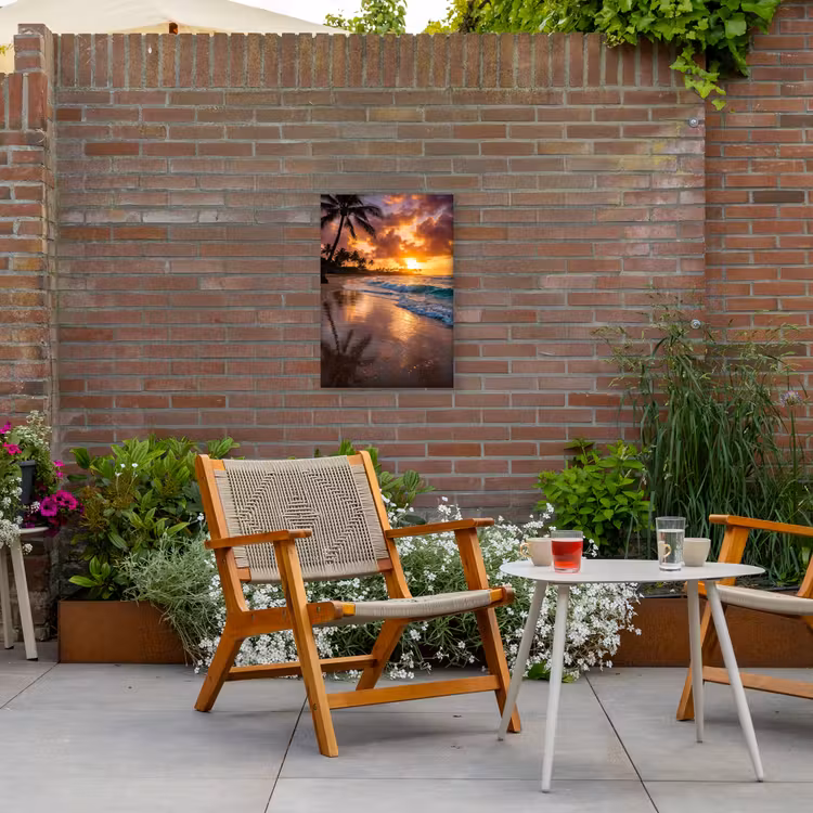 Strand - Zonsopgang - Tropisch - Natuur - Oranje Tuinposter op houten frame 2 cm dik klein -sfeer3