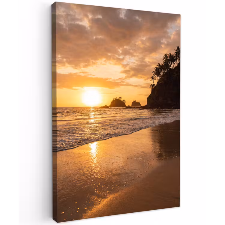 Strand - Zonsondergang - Natuur - Tropisch - Oranje Tuinposter op houten frame 2 cm dik klein -3d