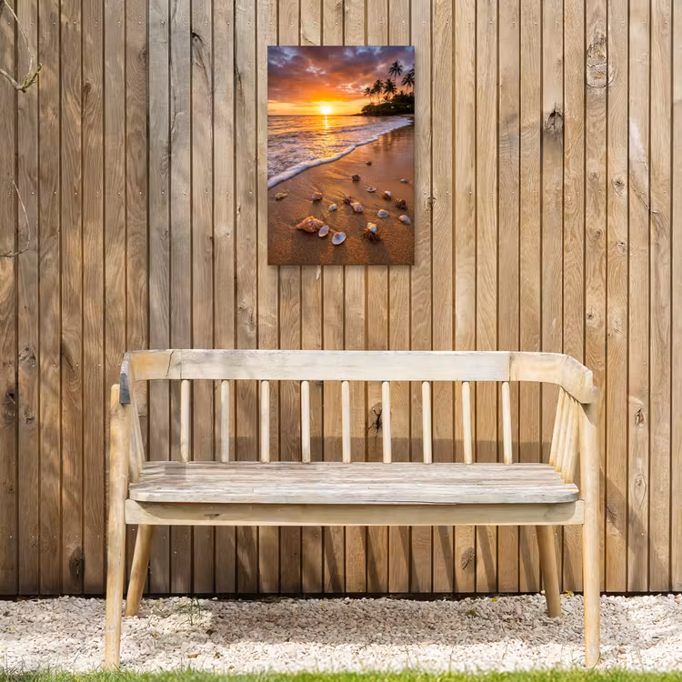 Strand - Zonsondergang - Palmbomen - Natuur - Oranje Tuinposter op houten frame 2 cm dik klein -sfeer4