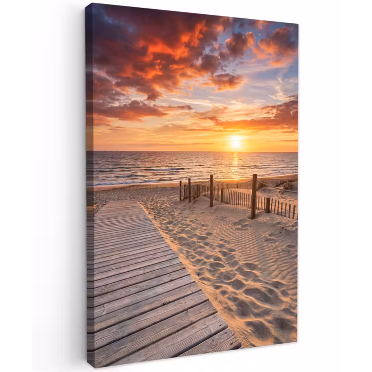 Strand - Zonsondergang - Zee - Natuur - Oranje Tuinposter op houten frame 2 cm dik klein -3d