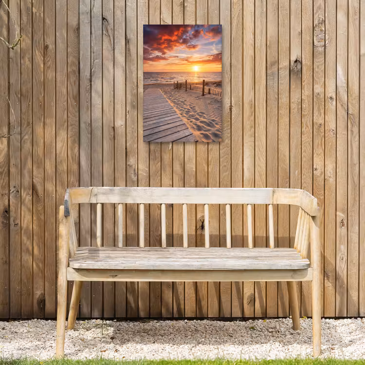 Strand - Zonsondergang - Zee - Natuur - Oranje Tuinposter op houten frame 2 cm dik klein -sfeer4