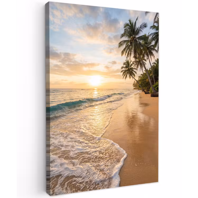 Strand - Zonsondergang - Tropisch - Natuur - Goud Tuinposter op houten frame 2 cm dik klein -3d