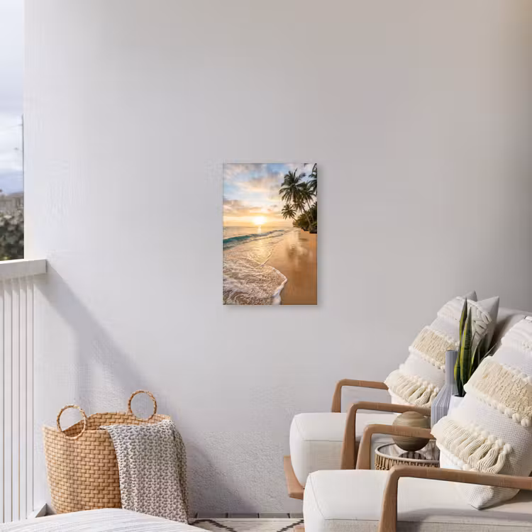 Strand - Zonsondergang - Tropisch - Natuur - Goud Tuinposter op houten frame 2 cm dik klein -sfeer1