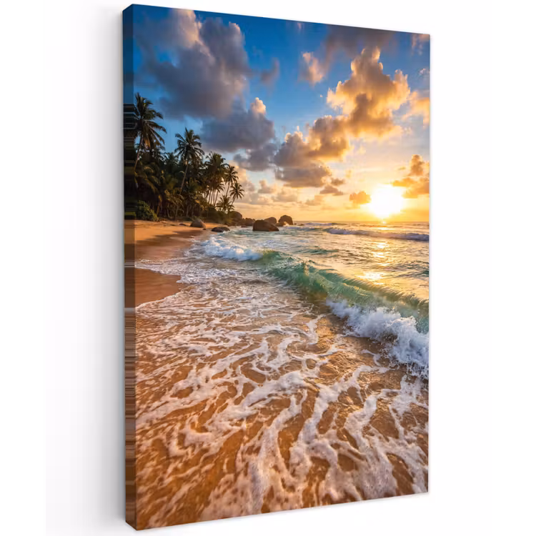 Strand - Zonsondergang - Golven - Natuur - Goud Tuinposter op houten frame 2 cm dik klein -3d