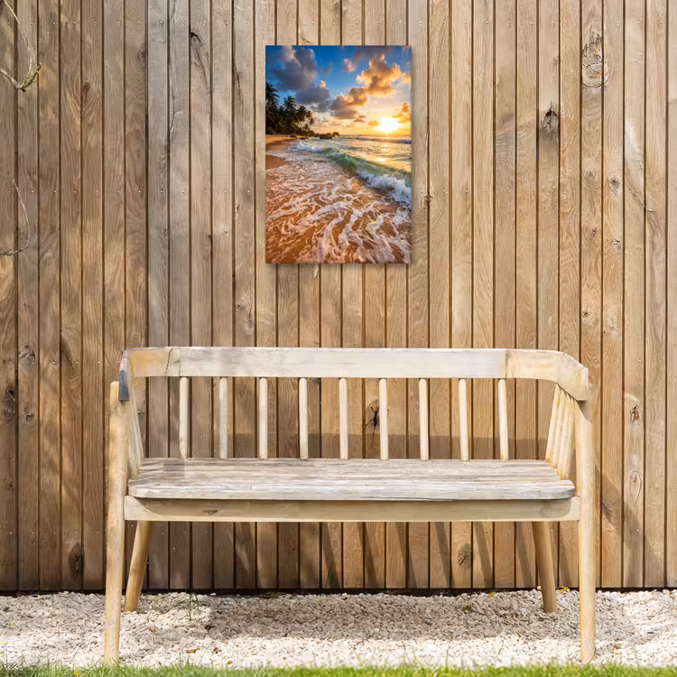 Strand - Zonsondergang - Golven - Natuur - Goud Tuinposter op houten frame 2 cm dik klein -sfeer4