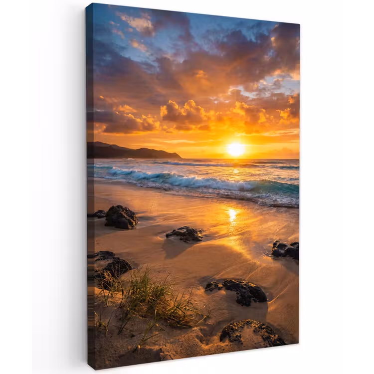 Strand - Zonsondergang - Golven - Natuur - Oranje Tuinposter op houten frame 2 cm dik klein -3d