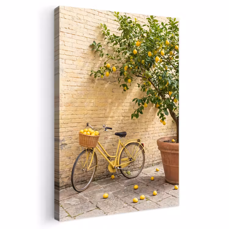 Fiets - Mand - Eten - Geel - Zomer Tuinposter op houten frame 2 cm dik klein -3d