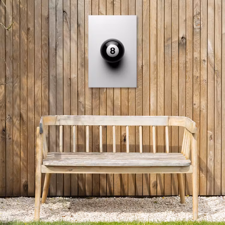 Biljartbal - Getal - Acht - Wit Tuinposter op houten frame 2 cm dik klein -sfeer4