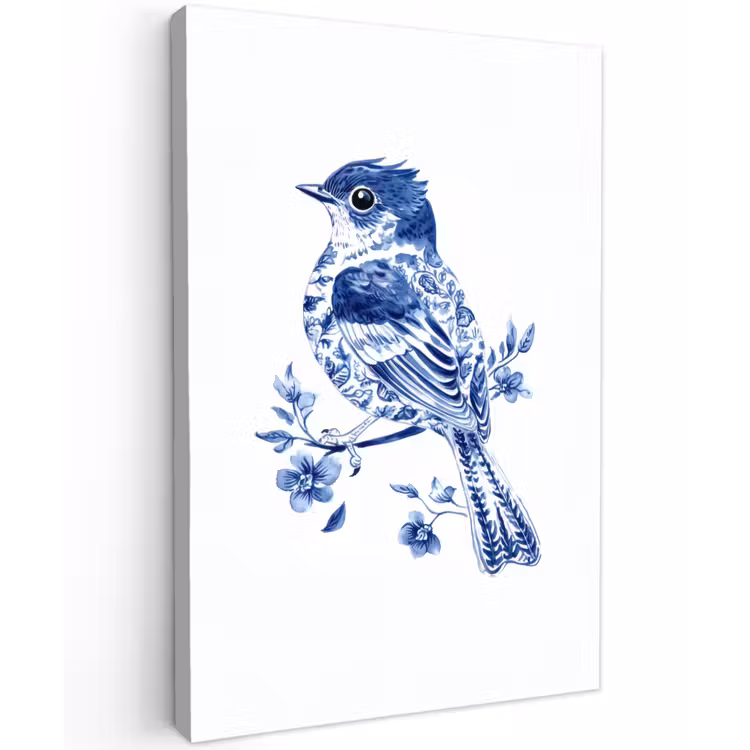 Vogel - Delfts blauw - Illustratie - Bloemen Tuinposter op houten frame 2 cm dik klein -3d