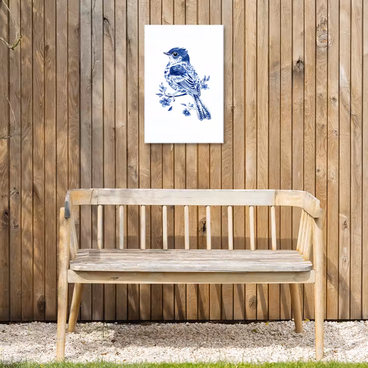 Vogel - Delfts blauw - Illustratie - Bloemen Tuinposter op houten frame 2 cm dik klein -sfeer4