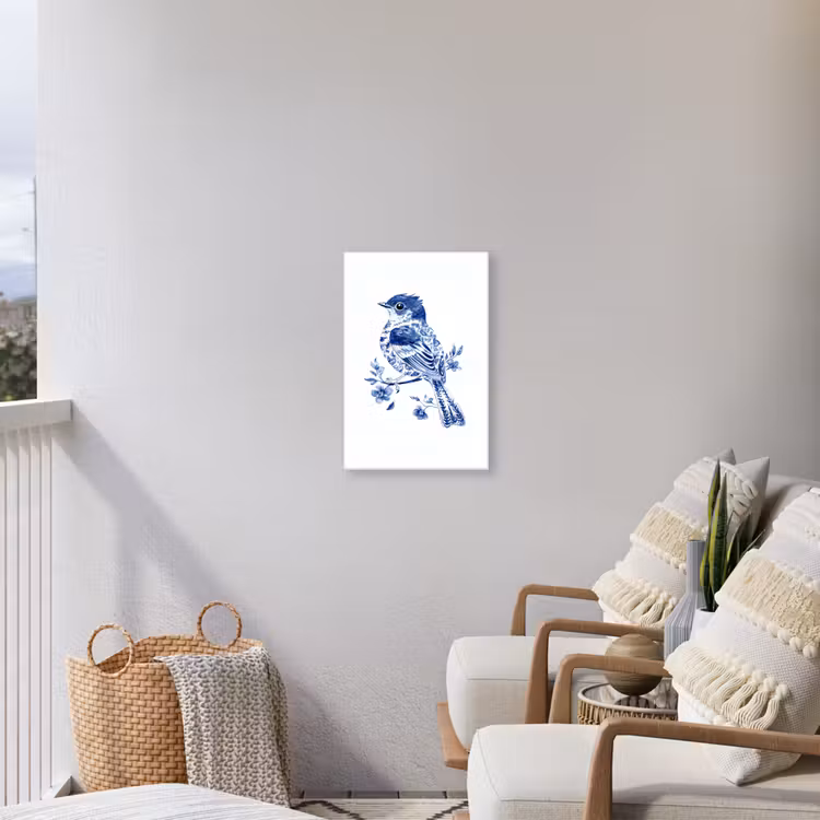 Vogel - Delfts blauw - Illustratie - Bloemen Tuinposter op houten frame 2 cm dik klein -sfeer1