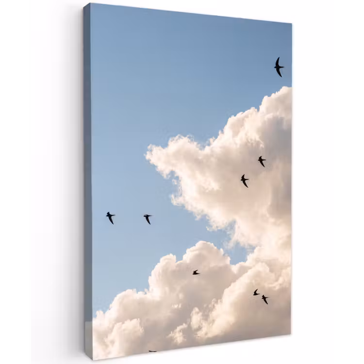 Vogel - Vlucht - Wolken - Natuur - Blauw Tuinposter op houten frame 2 cm dik klein -3d