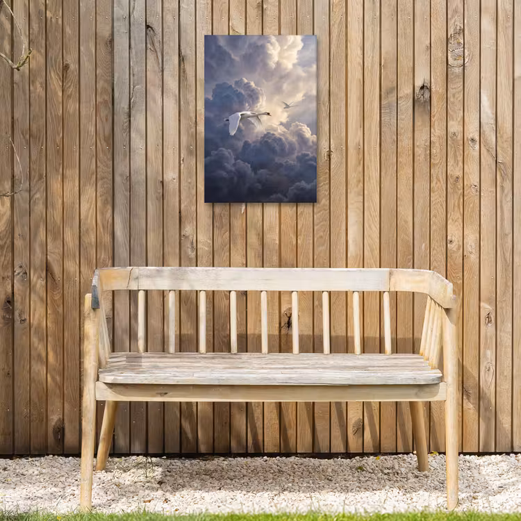 Vogel - Vliegend - Natuur - Wit - Wolken Tuinposter op houten frame 2 cm dik klein -sfeer4