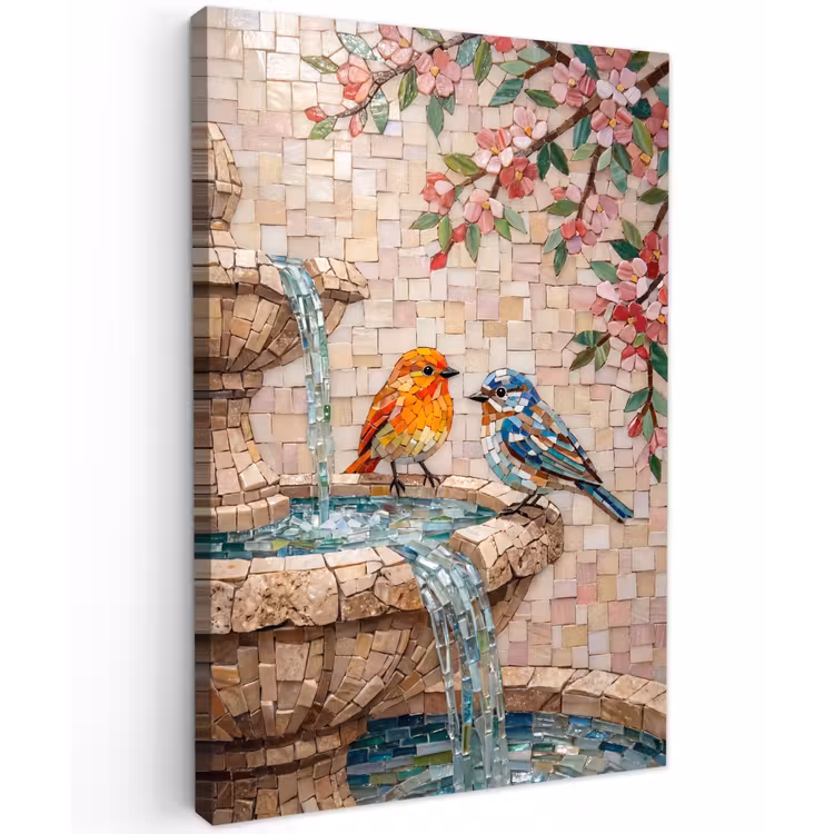 Vogel - fontein - mozaiek - kleurrijk - dieren Tuinposter op houten frame 2 cm dik klein -3d