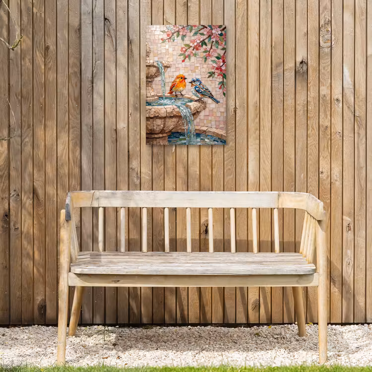 Vogel - fontein - mozaiek - kleurrijk - dieren Tuinposter op houten frame 2 cm dik klein -sfeer4