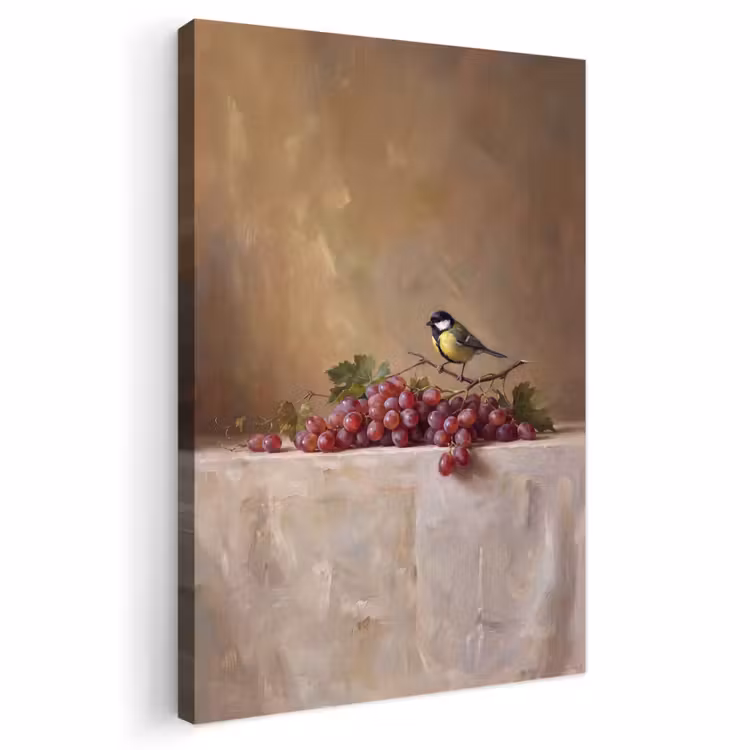 Outdoor Canvas Print - Bird - Grapes - Still Life - Vogel - Druiven - Stilleven Tuinposter op houten frame 2 cm dik klein