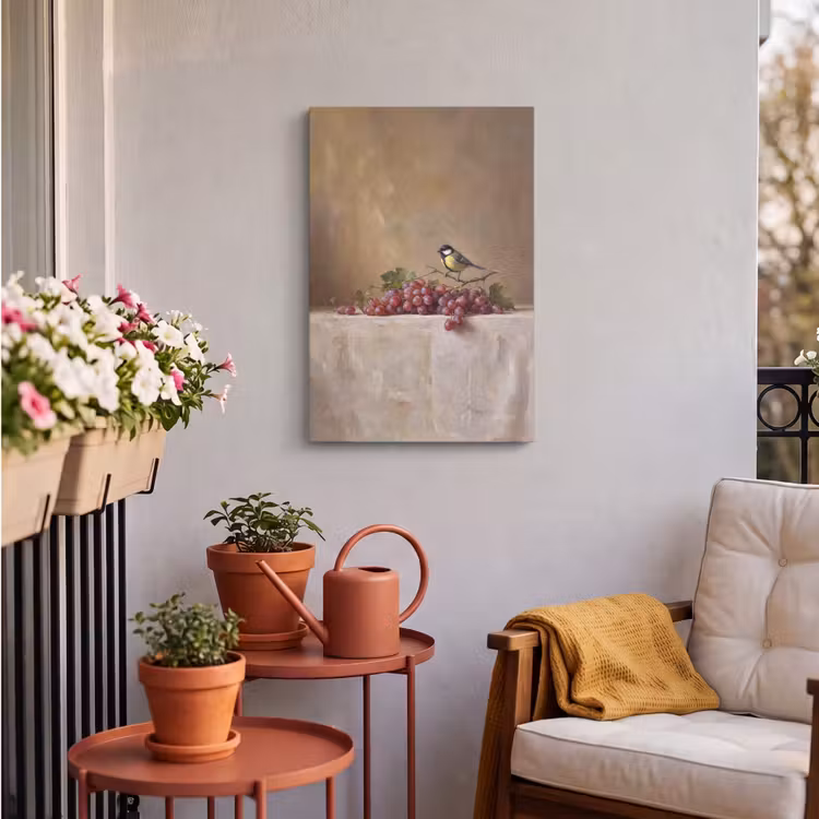 Outdoor Canvas Print - Bird - Grapes - Still Life - Vogel - Druiven - Stilleven Tuinposter op houten frame 2 cm dik klein