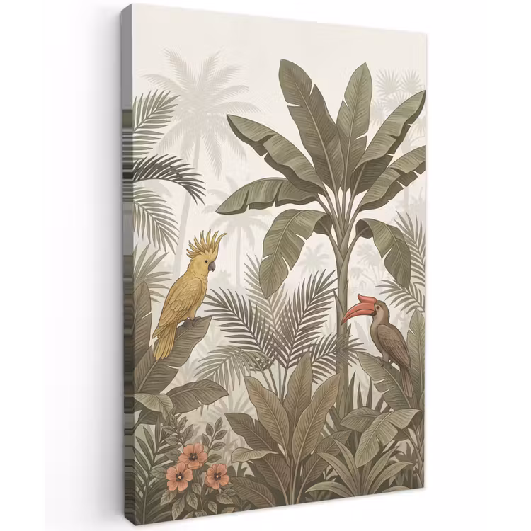 Vogel - Jungle - Tropisch - Illustratie - Groen Tuinposter op houten frame 2 cm dik klein -3d