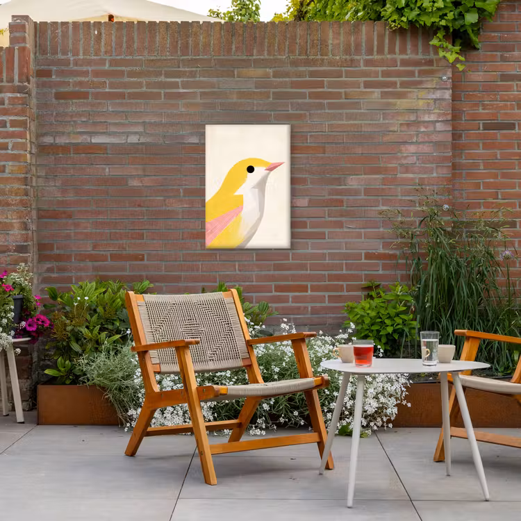 Vogel - Minimalistisch - Geel Tuinposter op houten frame 2 cm dik klein -sfeer3