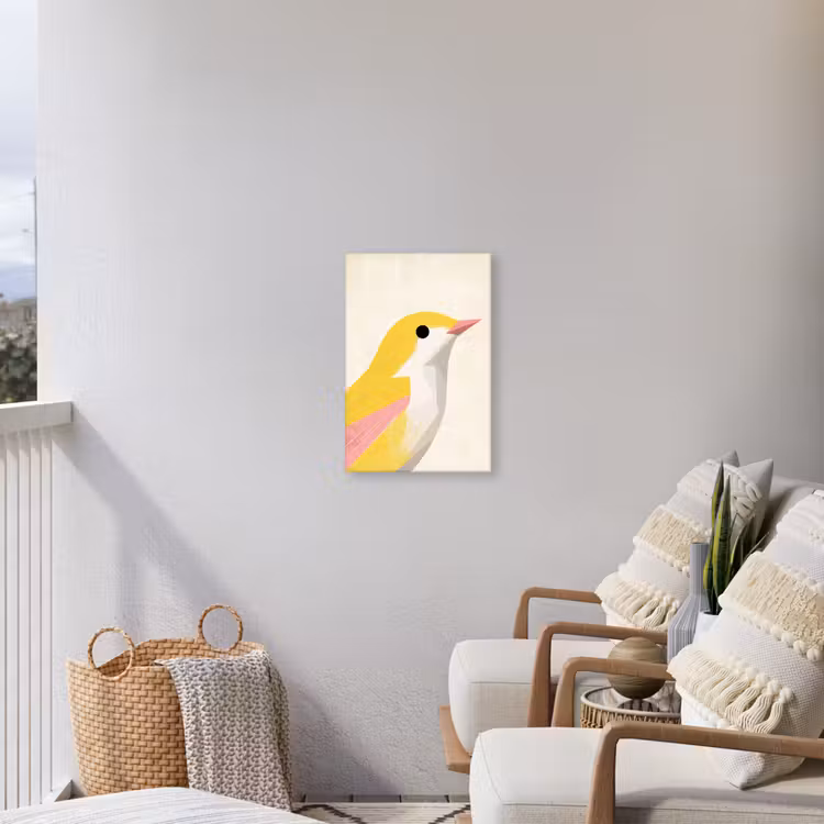 Vogel - Minimalistisch - Geel Tuinposter op houten frame 2 cm dik klein -sfeer1