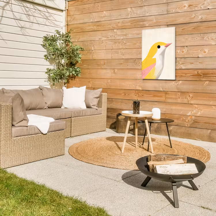 Vogel - Minimalistisch - Geel Tuinposter op houten frame 2 cm dik klein -sfeer2