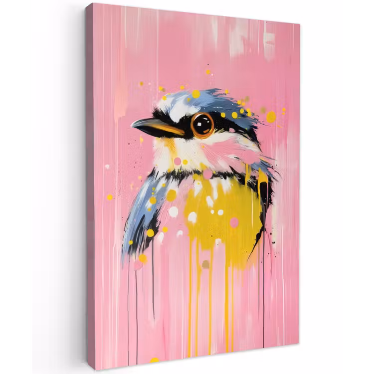 Vogel - Roze - Geel - Blauw Tuinposter op houten frame 2 cm dik klein -3d