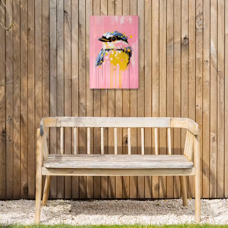 Vogel - Roze - Geel - Blauw Tuinposter op houten frame 2 cm dik klein -sfeer4