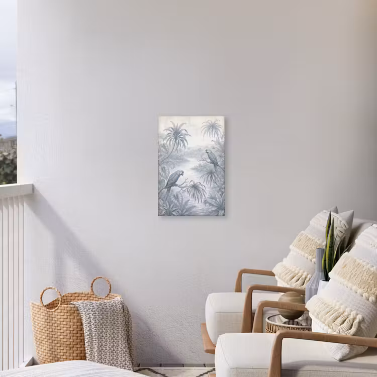 Vogel - Rivier - Tropisch - Illustratie - Blauw Tuinposter op houten frame 2 cm dik klein -sfeer1