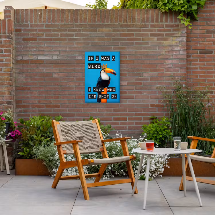 Vogel - Toekan - Blauw - Quotes Tuinposter op houten frame 2 cm dik klein -sfeer3