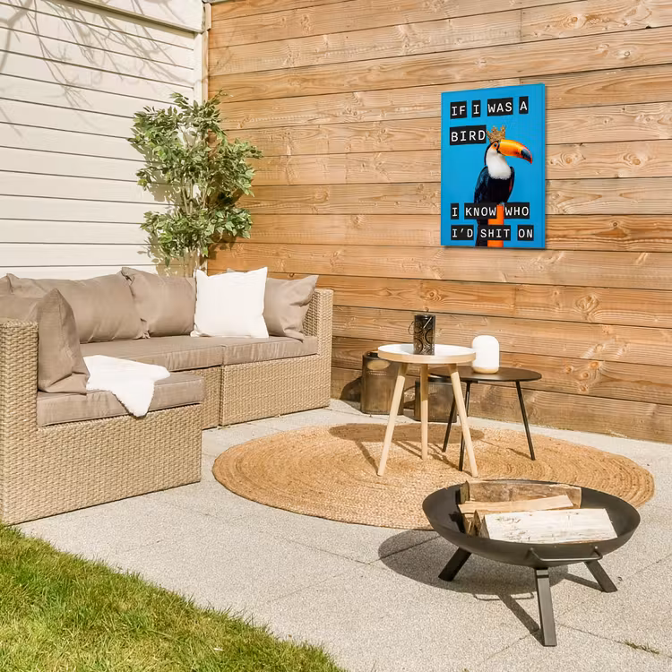 Vogel - Toekan - Blauw - Quotes Tuinposter op houten frame 2 cm dik klein -sfeer2