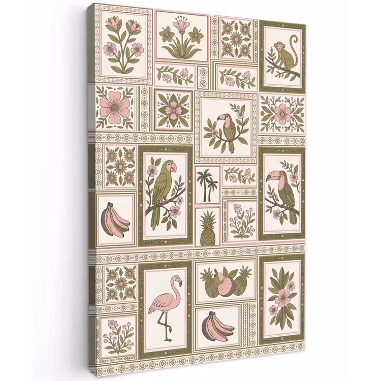 Vogel - Tropisch - Patroon - Decoratief - Groen Tuinposter op houten frame 2 cm dik klein -3d