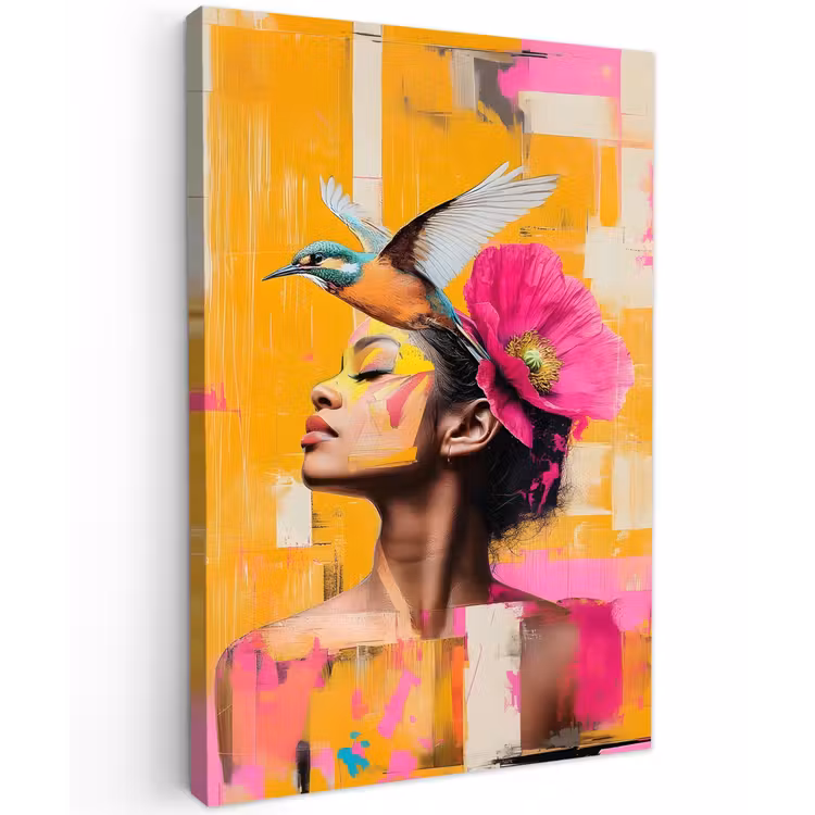 Vogel - Vrouw - Abstract - Bloem Tuinposter op houten frame 2 cm dik klein -3d