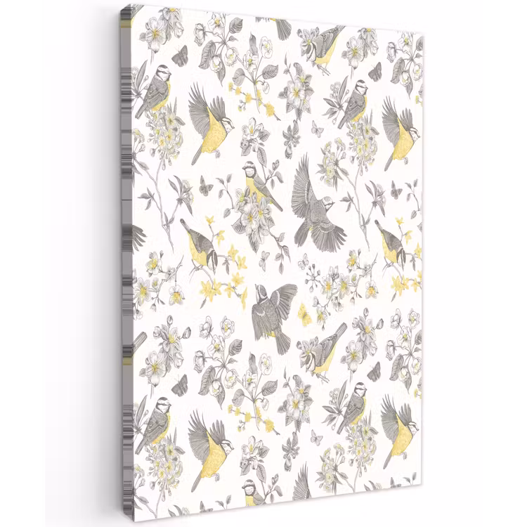 Birds - Flowers - Gray - Yellow Tuinposter op houten frame 2 cm dik klein 841 -3d