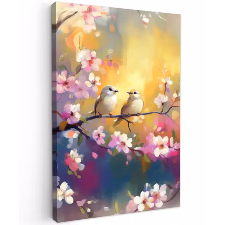 Vogels - Bloemen - Roze Tuinposter op houten frame 2 cm dik klein -3d