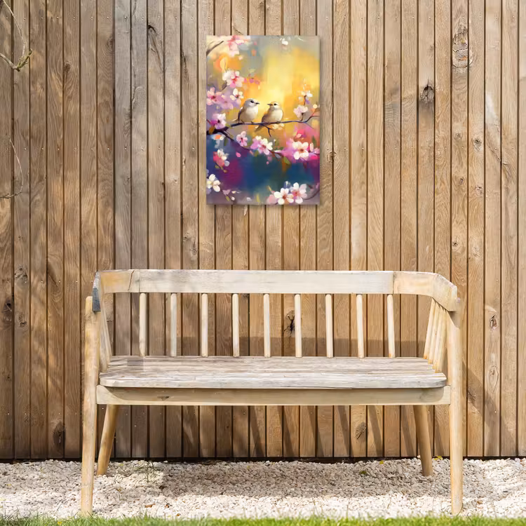 Vogels - Bloemen - Roze Tuinposter op houten frame 2 cm dik klein -sfeer4