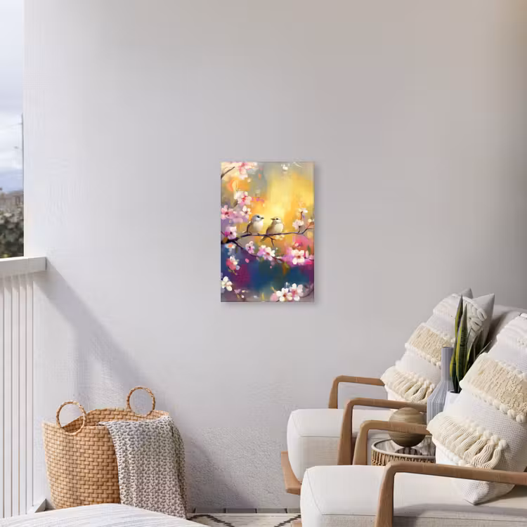 Vogels - Bloemen - Roze Tuinposter op houten frame 2 cm dik klein -sfeer1