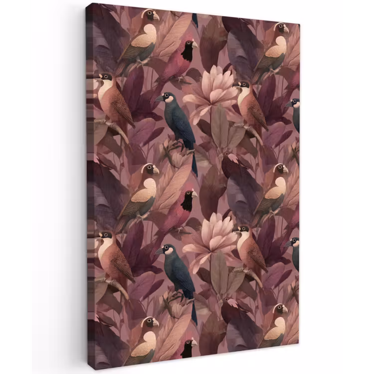 Vogels - Bladeren - Roze Tuinposter op houten frame 2 cm dik klein 841 -3d