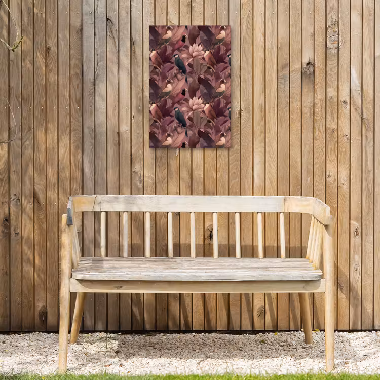 Vogels - Bladeren - Roze Tuinposter op houten frame 2 cm dik klein 841 -sfeer4