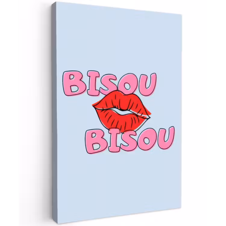 Bisou - Blauw - Roze - Lippen Tuinposter op houten frame 2 cm dik klein -3d