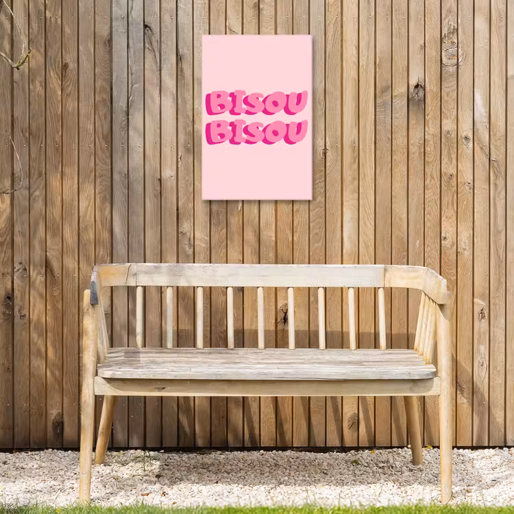 Bisou - Roze - Dikke letters Tuinposter op houten frame 2 cm dik klein -sfeer4