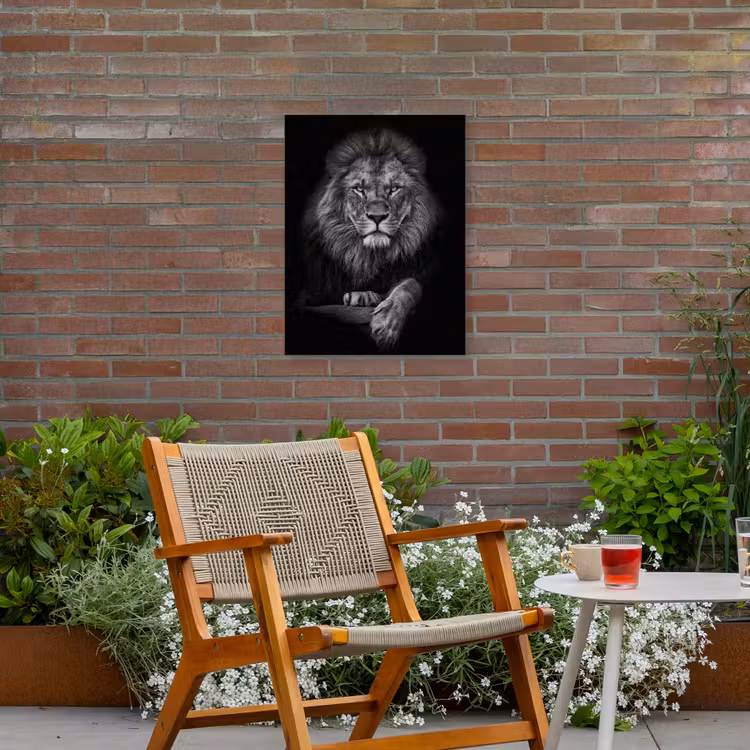 Zwart-wit portret van een leeuw Tuinposter op houten frame 2 cm dik klein -sfeer3