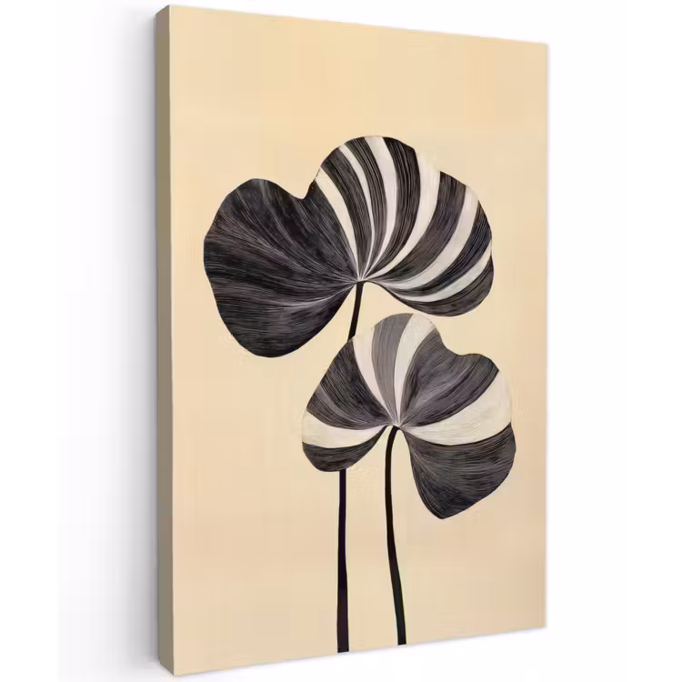 Zwart - Bladeren - Strepen - Minimalistisch Tuinposter op houten frame 2 cm dik klein -3d