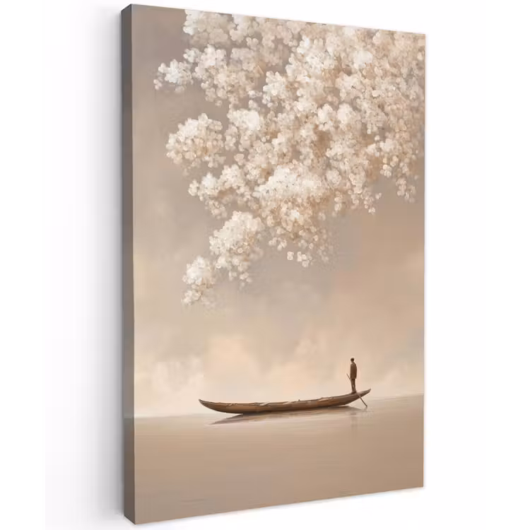 Bloesems - Wit - Boot - Minimalistisch Tuinposter op houten frame 2 cm dik klein -3d