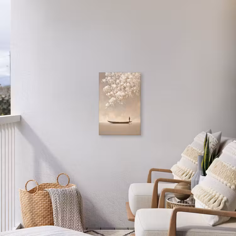 Bloesems - Wit - Boot - Minimalistisch Tuinposter op houten frame 2 cm dik klein -sfeer1